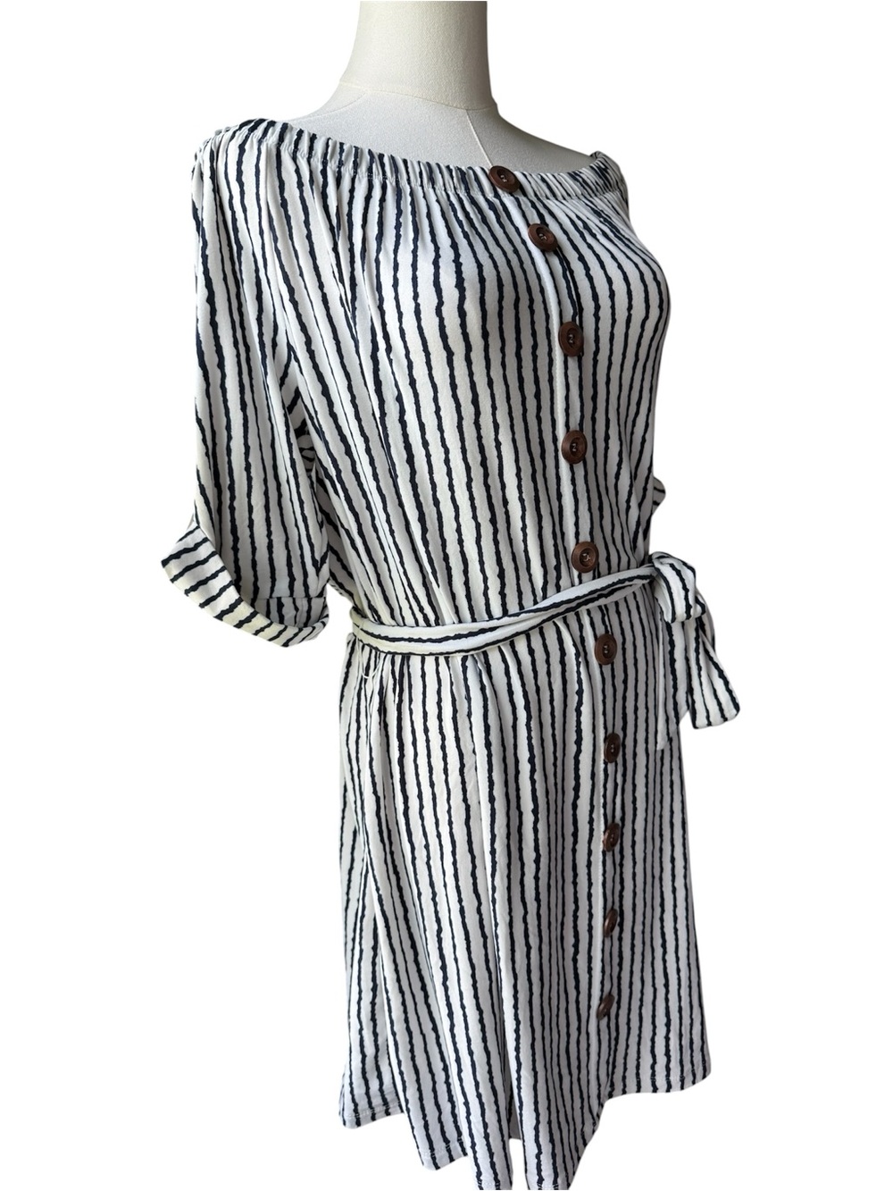 NWT 205 Collins women’s striped Off the Shoulder mini dress. Size medium - Picture 8 of 13